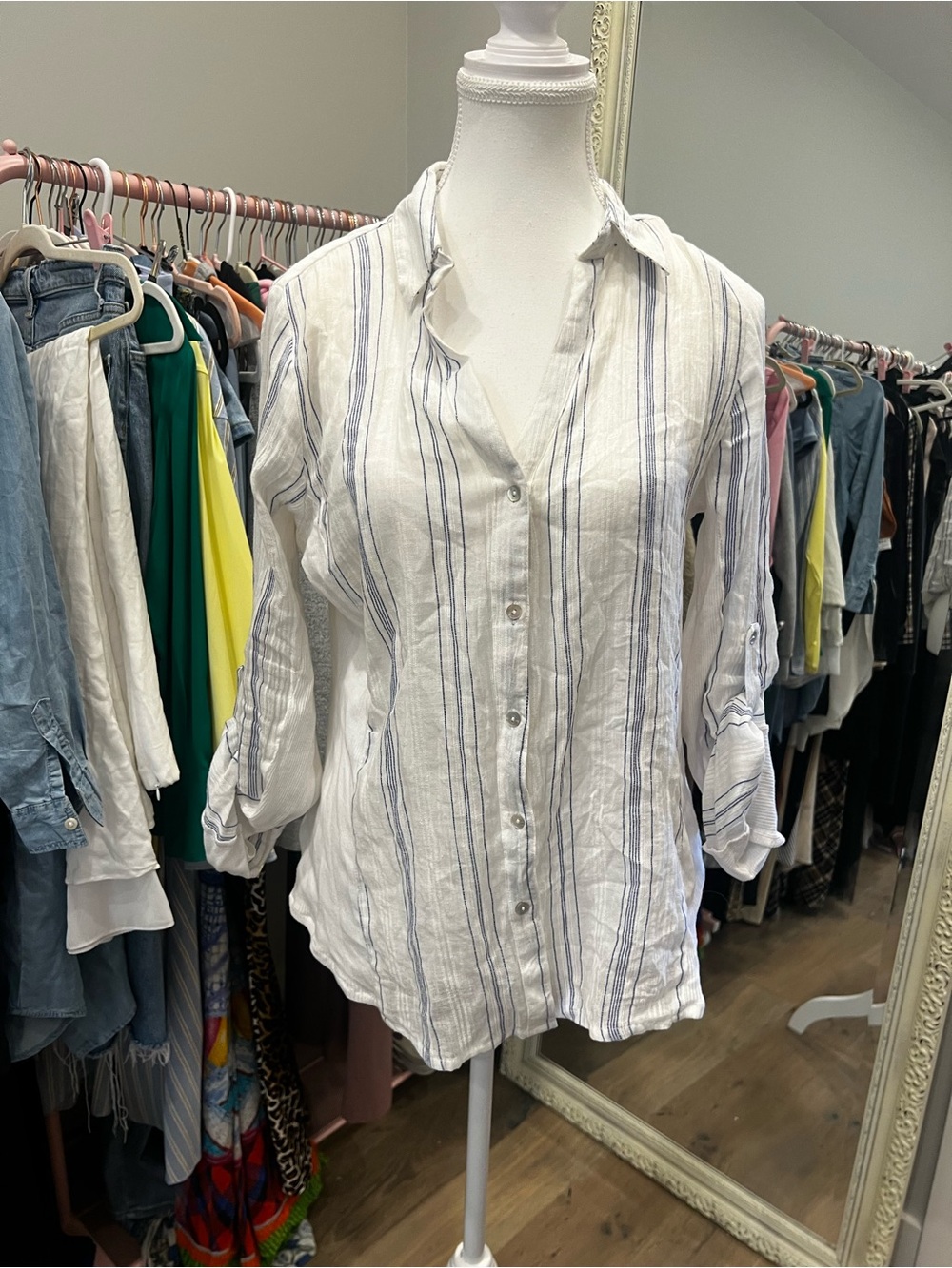 Eden & Olivia White Top with Navy Stripe Detail